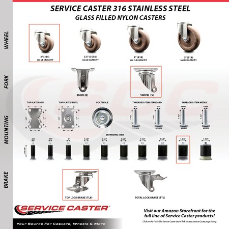Service Caster 3 Inch 316SS High Temp Glass Filled Nylon 1-3/4 Inch Stem Caster with Brake SCC SCC-SS316EX20S314-GFNSHT-TLB-134